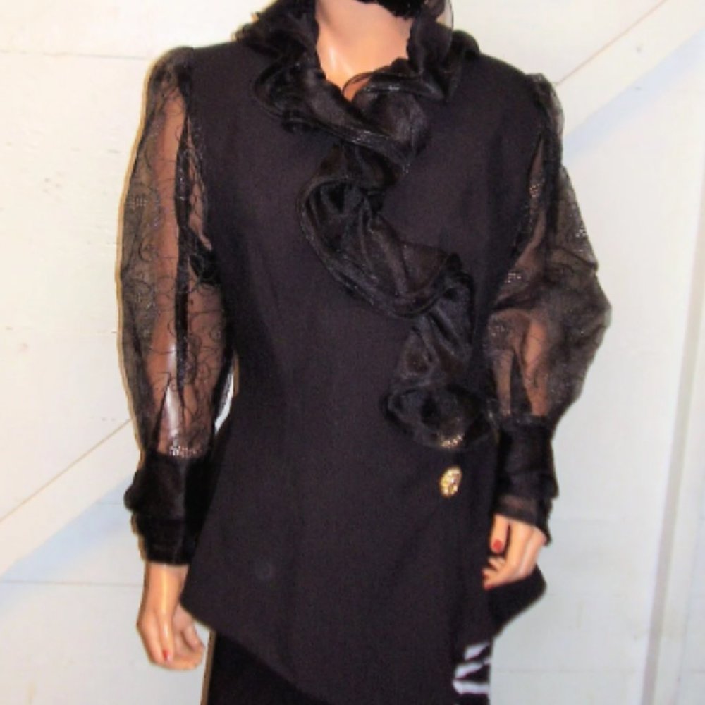 Vintage Maick Harold Paris Black Sheer Lace Ruffled Asymmetrical Jacket L